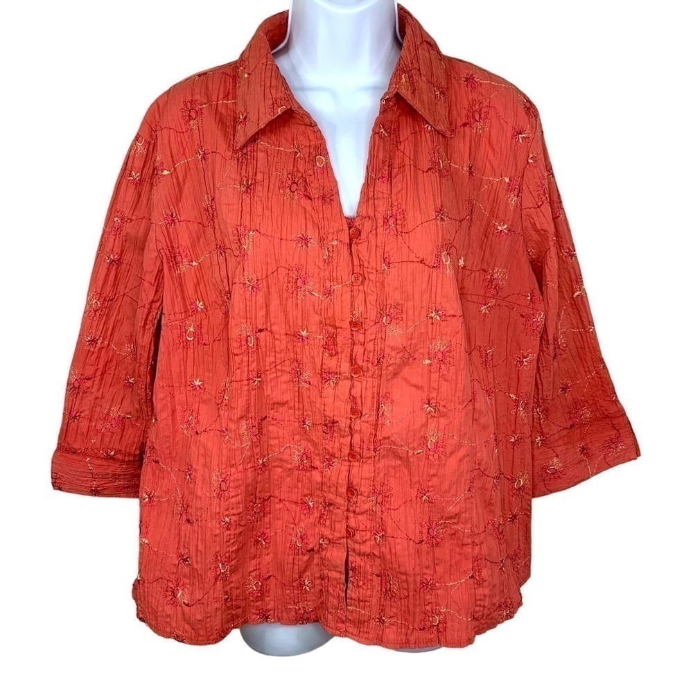 Dressbarn Brick Red Orange Embroidered Floral Stretch Button Down Shirt